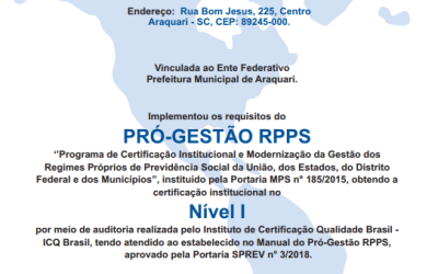 O IPREMAR recebeu nesta semana o Certificado Pró-Gestão RPPS