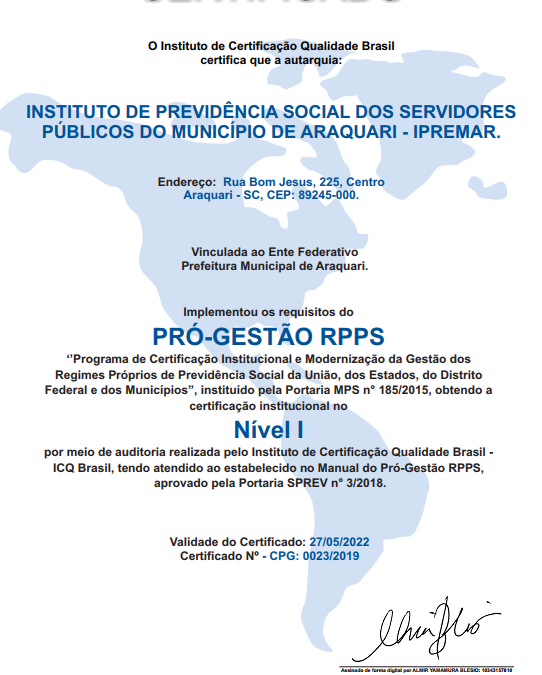 O IPREMAR recebeu nesta semana o Certificado Pró-Gestão RPPS