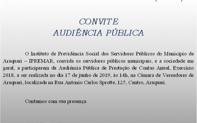 IPREMAR realizará audiência pública para Prestação Anual de Contas, dia 17/06/2019 as 14h na Câmara de Vereadores de Araquari.