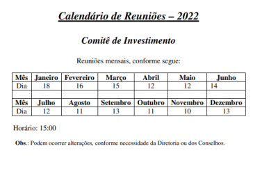 Divulgado a alteração do novo calendário do Comitê Municipal de Previdência, do Conselho Fiscal e do Comitê de Investimentos.